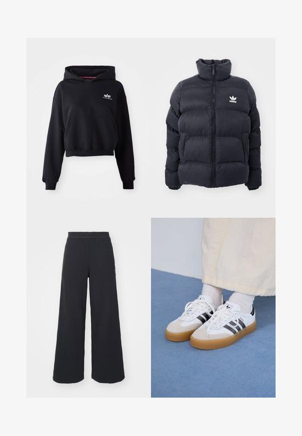 Doudoune marine avec col haut, fermeture éclair et logo Adidas blanc sur la poitrine. Présente des panneaux cousus et une texture lisse et brillante.; Haut à capuche noir court en tissu doux, avec une poche avant, un cordon de serrage sur la capuche et un petit logo blanc sur la poitrine.; Pantalons de survêtement larges noirs en tissu doux, dotés d'une taille élastique et d'un petit logo sur le côté gauche.; Baskets blanches avec des rayures noires et des accents en daim beige. Elles présentent une semelle en gomme texturée et des lacets plats blancs, portées avec des chaussettes claires.
