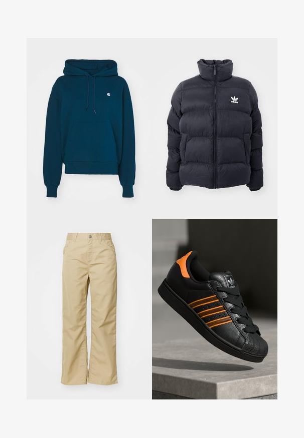 Giacca puffer blu navy con colletto alto, chiusura con zip e logo Adidas bianco sul petto. Presenta pannelli cuciti e una texture liscia e lucida.; Felpa blu navy con cappuccio regolabile, tasca a marsupio, polsini e orlo a costine; presenta un piccolo logo sulla tasca del petto.; Pantaloni beige in cotone a gamba larga con una texture liscia, dotati di tasche frontali e un bottone argentato in vita.; Sneaker nera con accenti arancioni, tre strisce orizzontali, parte superiore in pelle texture, punta in gomma e lacci neri.