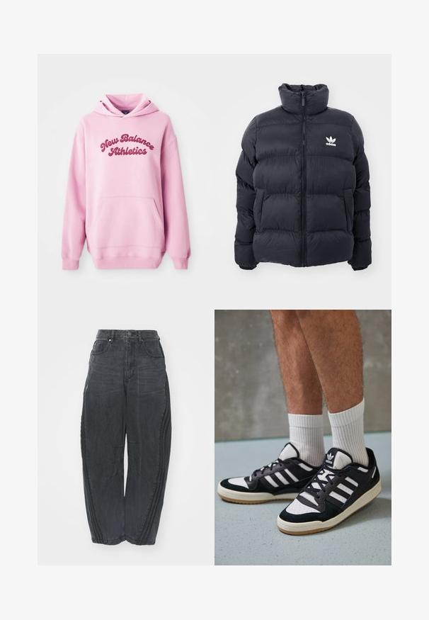 Tengerész kék puffertöltött dzseki magas gallérral, cipzáros záródással és fehér Adidas logóval a mellkasán. Jellemzője a tűzött panelek és a sima, fényes textúra.; Rózsaszín kapucnis pulóver elülső kenguruzsebbel és sötét rózsaszín "New Balance Athletics" felirattal a mellkason.; Laza fekete farmernadrág, elhalványodott felülettel, öt zsebbel, derék gombos záródással és varrásokkal az elején és az oldalán.; Fekete-fehér tornacipők velúr és bőr felsőrésszel, három fehér csíkkal, perforált orral és gumi talppal.
