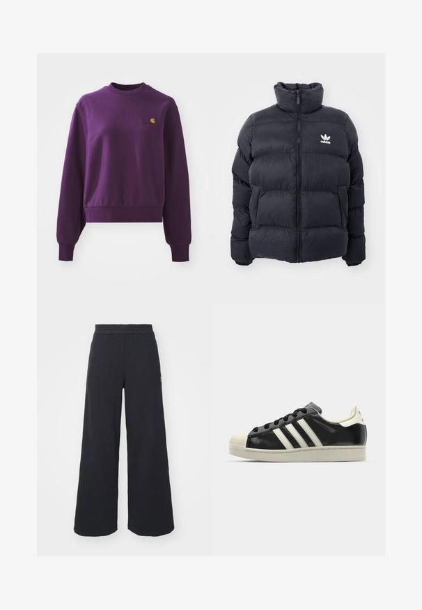 Giacca puffer blu navy con colletto alto, chiusura con zip e logo Adidas bianco sul petto. Presenta pannelli cuciti e una texture liscia e lucida.; Felpa viola in cotone, con colletto tondo e polsini a coste. Presenta un piccolo logo giallo sul petto. Design accorciato.; Pantaloni felpati neri a gamba larga realizzati in tessuto morbido, con un elastico in vita e un piccolo logo sul lato sinistro.; Sneaker in pelle nera con strisce bianche, punta in gomma, lacci neri e suola di colore crema. Texture liscia con finitura brillante.