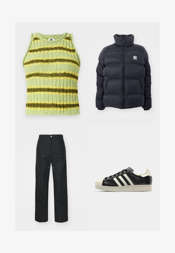 Navy puffer jacket with high collar, zip closure, and white Adidas logo on the chest. Features stitched panels and a smooth, shiny texture.; Light green knitted sleeveless top with horizontal dark green and yellow stripes, ribbed texture, and round neckline.; Black trousers with a straight-leg design, made of a textured fabric. Features decorative silver hardware and unique seam detailing.; Black leather sneaker with white stripes, rubber toe cap, black laces, and a cream-colored outsole. Smooth texture with shiny finish.