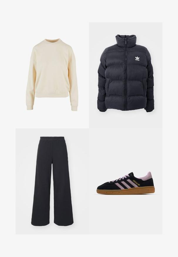 Chaqueta acolchada de color marino con cuello alto, cierre de cremallera y logo blanco de Adidas en el pecho. Presenta paneles cosidos y una textura suave y brillante.; Sudadera de cuello redondo color crema con mangas largas, un corte relajado, puños acanalados y una textura suave, destacando la simplicidad en el diseño.; Pantalones de chándal negros de pierna ancha, hechos de una tela suave, con una cintura elástica y un pequeño logo en el lado izquierdo.; Zapatilla de ante negra y rosa con suela de goma, tres rayas rosas, branding dorado "SPEZIAL" y suela de goma texturizada. Diseño de corte bajo.
