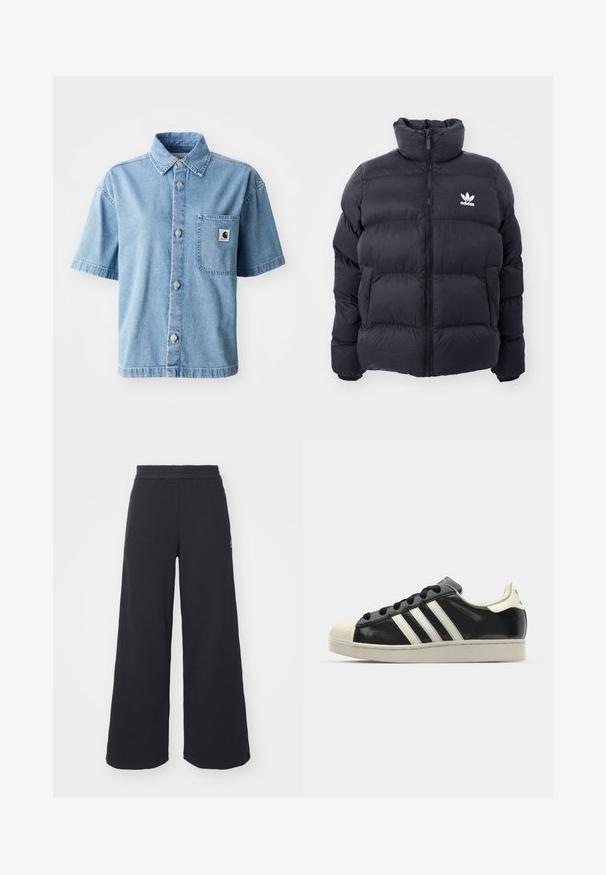 Navy puffer jacket with high collar, zip closure, and white Adidas logo on the chest. Features stitched panels and a smooth, shiny texture.; Short-sleeve denim shirt in light blue, featuring a button-up front, pointed collar, single chest pocket, and metal buttons.; Black wide-leg sweatpants made from soft fabric, featuring an elastic waistband and a small logo on the left side.; Black leather sneaker with white stripes, rubber toe cap, black laces, and a cream-colored outsole. Smooth texture with shiny finish.