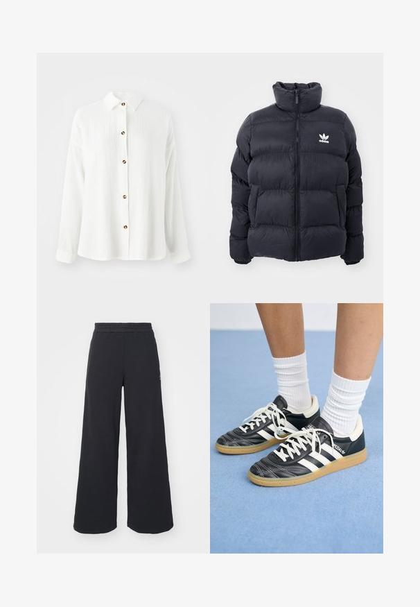 Chaqueta acolchada de color marino con cuello alto, cierre de cremallera y logo blanco de Adidas en el pecho. Presenta paneles cosidos y una textura suave y brillante.; Camisa blanca de manga larga con un tejido texturizado, botonadura en la parte delantera, cuello y detalles en botones marrones. Diseño suave y casual.; Pantalones de chándal negros de pierna ancha, hechos de una tela suave, con una cintura elástica y un pequeño logo en el lado izquierdo.; Zapatillas de cuero negro con rayas blancas, punta redonda, cordones blancos y suela de goma. Destacan por su cuello acolchado y detalles de marca.