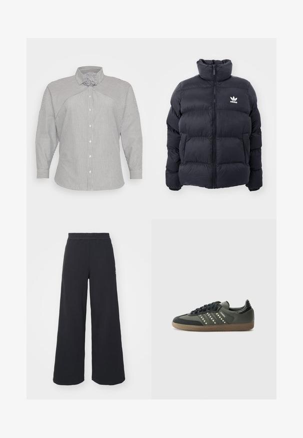 Jūras zils pūkains jaka ar augstu apkakli, rāvējslēdzēja aizdari un balto Adidas logo uz krūtīm. Iekļauj izšūtas paneļus un gludu, spīdīgu tekstūru.; Zilā un baltā svītrainā krekls ar garām piedurknēm, kuram ir unikāla apkakles dizaina un pogājama priekšpuse. Iespējams, ir arī sašaurinātas piedurknes un mīksta, teksturēta auduma.; Melni platās svārku bikses, izgatavotas no mīksta auduma, ar elastīgu jostas daļu un mazu logotipu kreisajā pusē.; adidas Originals SAMBA OG - Sporta apavi - core black/legend earth/gum