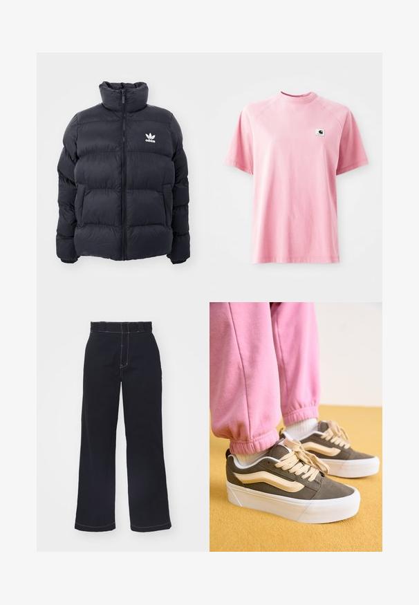 Jūrinės spalvos pūkinė striukė su aukštu apykakle, užtrauktuku ir baltu Adidas logotipu ant krūtinės. Yra siūti šoniniai panelei ir lygus, blizgus paviršius.; Rožinė medvilninė marškinė su apykakle ir trumpomis rankovėmis. Yra mažas kvadratinis logotipo lopas kairėje krūtinės pusėje. Lygus paviršius.; Tamsiai mėlynos, plačios kojos kelnės, pagamintos iš medvilnės, su aukštu liemeniu, su kontrastinga balta siuvinėjimo linija ir švariu, paprastu dizainu.; Olivinės žalios zomšos sportbačiai su kremine akcentais ir storu baltu padu. Sujungti su rožinėmis kelnių kelnėmis, stovint ant geltonos paviršiaus.