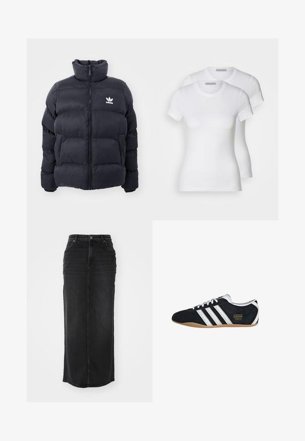 Casaco puffer azul marinho com gola alta, fecho de zip e logotipo branco da Adidas no peito. Apresenta painéis cosidos e uma textura suave e brilhante.; Duas t-shirts de algodão brancas com mangas curtas, decote redondo e uma silhueta ajustada, exibindo uma textura suave e design minimalista.; Saia maxi de denim preto com corte reto, cintura média, bolsos frontais e costura visível ao longo das costuras.; Sapatilha de camurça preta com três riscas brancas, logótipo dourado e sola de borracha castanha. Apresenta um design de atar de perfil baixo.