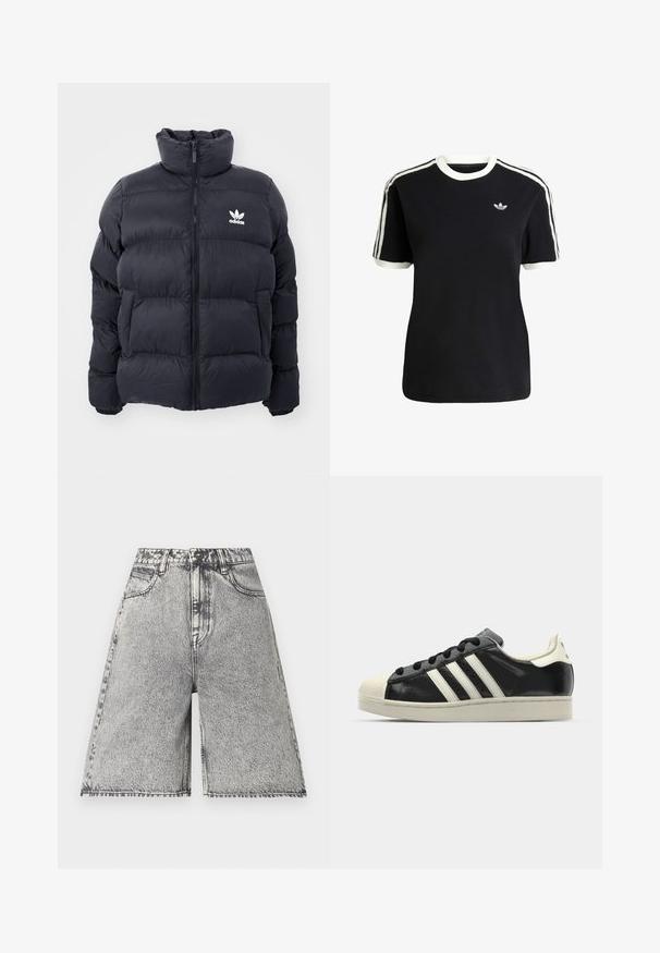 Granatowa kurtka puchowa z wysokim kołnierzem, z zamkiem błyskawicznym i białym logo Adidas na piersi. Posiada przeszywane panele oraz gładką, błyszczącą teksturę.; Czarna bawełniana koszulka z białymi akcentami na kołnierzyku i rękawach, z trzema białymi paskami na każdym ramieniu oraz małym logo na piersi.; Szorty dżinsowe w czarno-szarym wzorze z efektem acid wash, z wysokim stanem, szlufkami na pasek i pięcioma kieszeniami. Krawędzie wykończone.; Czarne skórzane trampki z białymi paskami, gumowym czubkiem, czarnymi sznurówkami i kremową podeszwą. Gładka faktura z połyskującym wykończeniem.