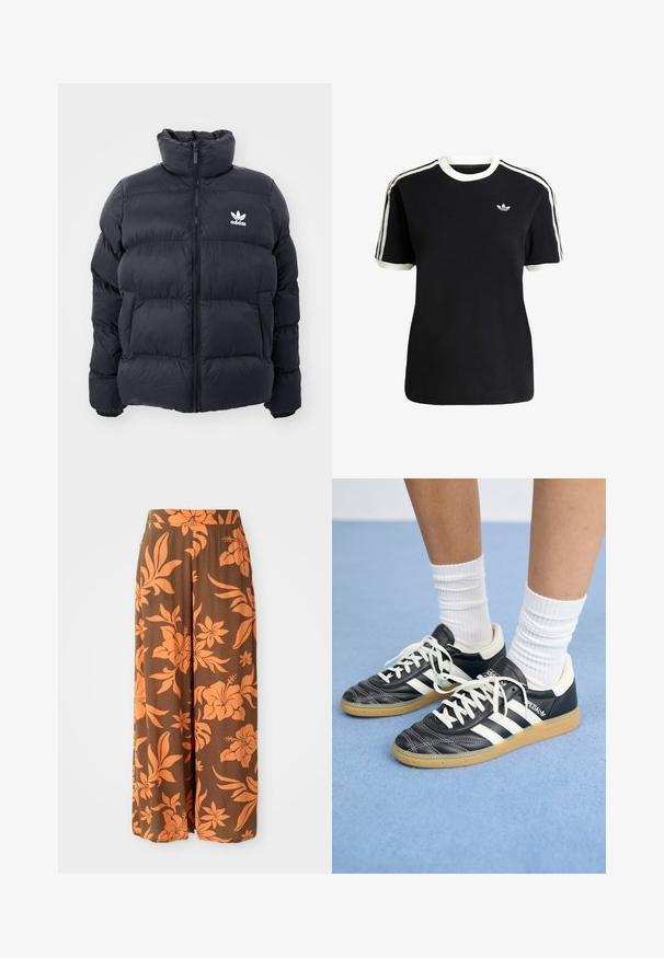Marineblauwe pufferjack met hoge kraag, ritssluiting en wit Adidas-logo op de borst. Beschikt over gestikte panelen en een gladde, glanzende textuur.; Zwarte katoenen t-shirt met witte accenten op de kraag en mouwen, met drie witte strepen op elke schouder en een klein logo op de borst.; Bruine wijde broek met een oranje bloemenpatroon. Soepele textuur met een hoge tailleband en zijzakken. Casual en vloeiende ontwerp.; Zwarte leren sneakers met witte strepen, ronde neus, witte veters en een gumrubberen zool. Versterkt met een gevoerd kraag en merkdetails.