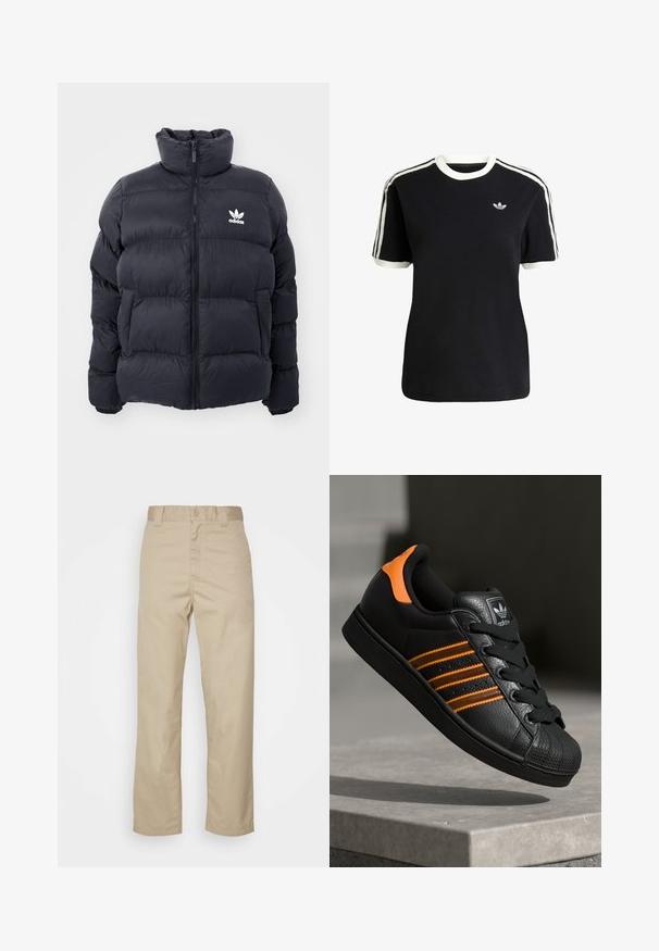 Morská prešívaná bunda s vysokým golierom, zipsom a bielym logom Adidas na hrudi. Obsahuje prešívané panely a hladkú, lesklú textúru.; Čierne bavlnené tričko s bielymi akcentmi na golieri a rukávoch, s tromi bielymi pruhmi na každom pleci a malým logom na hrudi.; Bežové bavlnené nohavice s rovnými nohavicami, zapínanie na gombík a pútka na opasok. Hladká textura a žiadne viditeľné vzory či akcenty.; Čierne tenisky s oranžovými akcentami, tromi horizontálnymi pruhmi, textúrovaným koženým zvrškom, gumovým ochranným vankúšikom na prstoch a čiernymi šnúrkami.