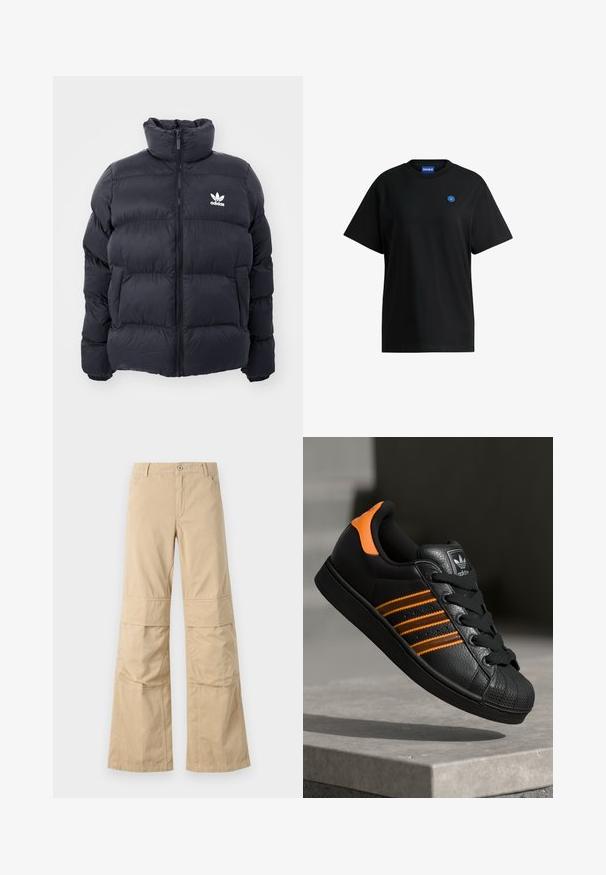 Morská prešívaná bunda s vysokým golierom, zipsom a bielym logom Adidas na hrudi. Obsahuje prešívané panely a hladkú, lesklú textúru.; Čierne bavlnené tričko s okrúhlym výstrihom, krátkymi rukávmi a malým modrým usmiatym logom na ľavej hrudi. Jednoduchý dizajn, jemná textúra.; Béžové nohavice s voľným strihom a širokými nohavicami, vyrobené z bavlny, so viditeľným prešívaním, prednými vreckami a zapínaním na gombík.; Čierne tenisky s oranžovými akcentami, tromi horizontálnymi pruhmi, textúrovaným koženým zvrškom, gumovým ochranným vankúšikom na prstoch a čiernymi šnúrkami.