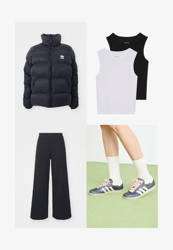 Granatowa kurtka puchowa z wysokim kołnierzem, z zamkiem błyskawicznym i białym logo Adidas na piersi. Posiada przeszywane panele oraz gładką, błyszczącą teksturę.; Dwie bezrękawniki w kolorze czarnym i białym, wykonane z prążkowanej bawełny, z okrągłymi dekoltami i dopasowanym fasonem. Widoczne etykiety na obu.; Czarne szerokie spodnie dresowe wykonane z miękkiego materiału, z elastycznym paskiem w talii oraz małym logo po lewej stronie.; adidas Originals SAMBA czarny