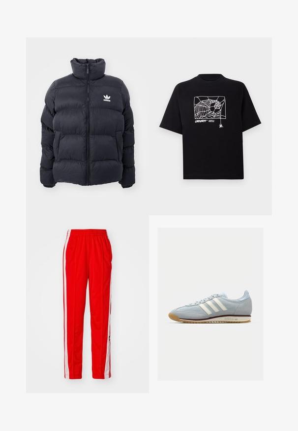 Marineblå pufferjakke med høy krage, glidelås og hvit Adidas-logo på brystet. Har sømmerte paneler og en glatt, blank tekstur.; Svart T-skjorte laget av bomull med korte ermer. Har et hvitt edderkoppnett grafikk og logo på fronten. Enkel rund hals.; Røde treningsbukser med hvite sidestreker, elastisk midje, rett ben design, glatt tekstur og subtil logo detalj nær kanten.; Lys blå semsket sneakers med hvite tre striper, gummisåle og teksturert mesh. Har en jevn tåhette og merkevare på hælen.
