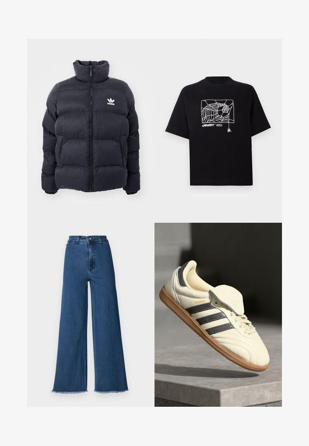 Doudoune marine avec col haut, fermeture éclair et logo Adidas blanc sur la poitrine. Présente des panneaux cousus et une texture lisse et brillante.; T-shirt noir en coton à manches courtes. Présente un graphisme de toile d'araignée blanche et un logo à l'avant. Encolure ronde simple.; Billabong FREE FALL - Jean flare - brew; Baskets en cuir crème avec trois bandes sombres, une semelle extérieure en gomme marron et un bout arrondi. Présentent une languette pliable étiquetée "SAMBA."