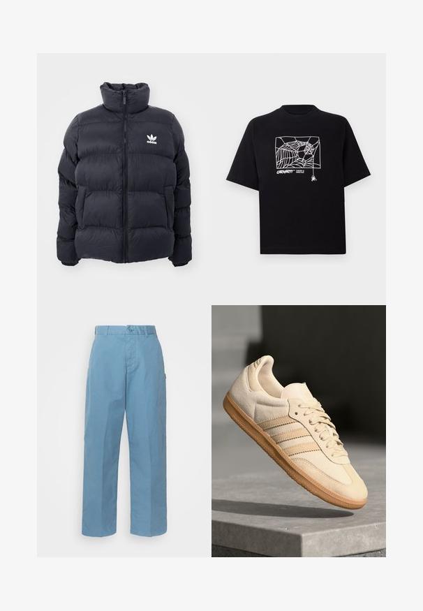 Námořnická puffer bunda s vysokým límcem, zipovým zapínáním a bílým logem Adidas na hrudi. Obsahuje prošité panely a hladký, lesklý povrch.; Černé tričko vyrobené z bavlny s krátkými rukávy. Na přední straně má bílé grafické zobrazení pavučiny a logo. Jednoduchý kulatý výstřih.; Světle modré bavlněné kalhoty s rovnými nohavicemi, vybavené knoflíkovým zapínáním, poutky na opasek a jemnou strukturou.; Světlé béžové semišové tenisky s gumovou podrážkou, třemi diagonálními pruhy a texturovanou špičkou. Na jazyku a boku se nachází logo.