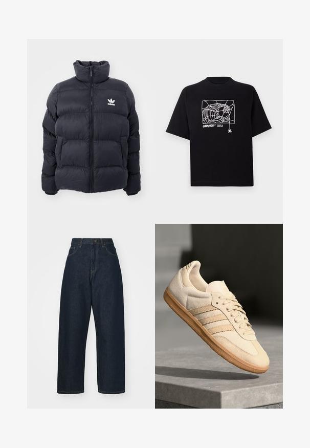 Námořnická puffer bunda s vysokým límcem, zipovým zapínáním a bílým logem Adidas na hrudi. Obsahuje prošité panely a hladký, lesklý povrch.; Černé tričko vyrobené z bavlny s krátkými rukávy. Na přední straně má bílé grafické zobrazení pavučiny a logo. Jednoduchý kulatý výstřih.; Tmavě modré džínové kalhoty s širokými nohavicemi a vysokým pasem. Mají přední kapsy a tradiční švy. Hladký povrch, rovný střih.; Světlé béžové semišové tenisky s gumovou podrážkou, třemi diagonálními pruhy a texturovanou špičkou. Na jazyku a boku se nachází logo.