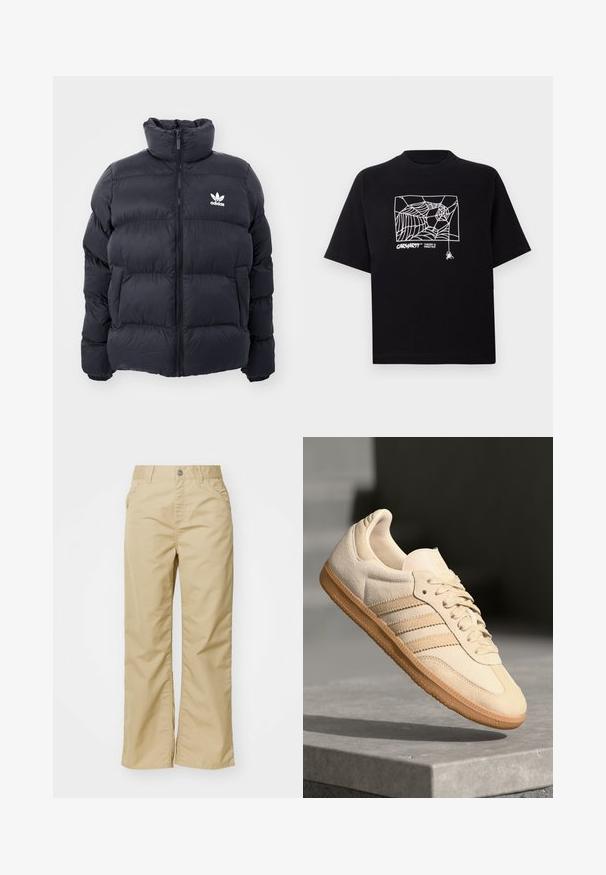 Tengerész kék puffertöltött dzseki magas gallérral, cipzáros záródással és fehér Adidas logóval a mellkasán. Jellemzője a tűzött panelek és a sima, fényes textúra.; Fekete pamut póló rövid ujjakkal. Elülső részén fehér pókhálós grafika és logó található. Egyszerű, kerek nyakú.; Sötét bézs pamut, bő szárú nadrág sima textúrával, elülső zsebekkel és ezüst gombbal a derék résznél.; Világos bézs velúr sportcipő, gumitalppal, három átlós csíkkal és texturált orral. A díszítés a nyelven és az oldalon található.