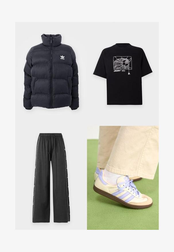 Doudoune marine avec col haut, fermeture éclair et logo Adidas blanc sur la poitrine. Présente des panneaux cousus et une texture lisse et brillante.; T-shirt noir en coton à manches courtes. Présente un graphisme de toile d'araignée blanche et un logo à l'avant. Encolure ronde simple.; Pantalons larges noirs avec une taille élastique et un cordon de serrage, présentant des accents brodés blancs le long de la couture latérale. Texture lisse.; Baskets crème et lavande avec trois bandes et une semelle marron texturée, dotées de lacets et d'un talon rembourré. Tige en tissu doux.