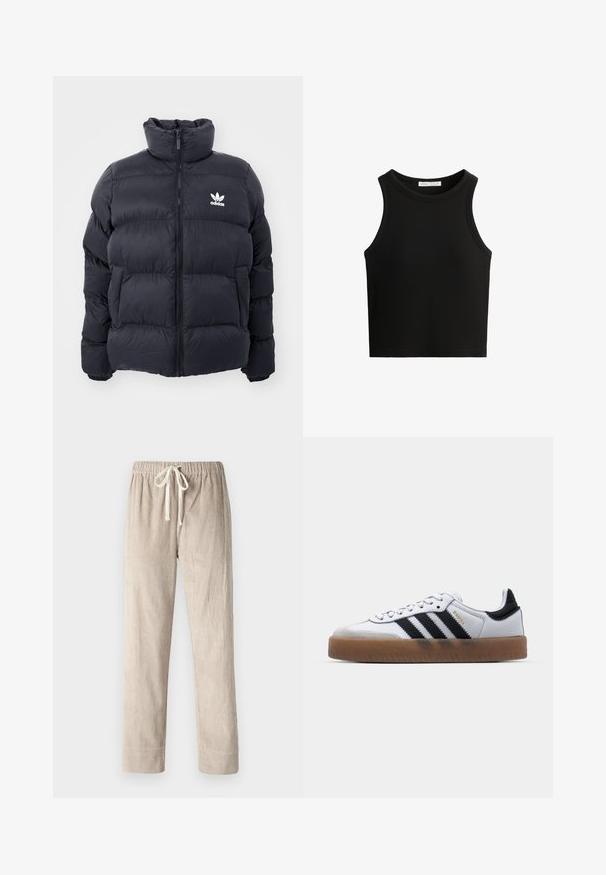 Jachetă puffer bleumarin cu guler înalt, închidere cu fermoar și logo Adidas alb pe piept. Se remarcă prin panouri cusute și o textură netedă, lucioasă.; Top de tip tank, negru, cu guler rotund și brațe ample. Materialul pare moale, având un design ajustat.; Pantaloni bej din catifea cu un design cu picior drept, dotati cu talie elastica si snur ajustabil, textura neteda cu striatii verticale.; Adidași din piele albă cu dungi negre, talpă din cauciuc, vârf rotund, sistem de închidere cu șireturi și capac de vârf din nubuc gri moale.