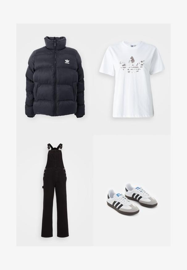 Giacca puffer blu navy con colletto alto, chiusura con zip e logo Adidas bianco sul petto. Presenta pannelli cuciti e una texture liscia e lucida.; T-shirt bianco in cotone con una grande grafica glitterata e scura del logo trefoil di Adidas sulla parte anteriore. Maniche corte e scollo rotondo.; Pettorina in denim nero con gambe ampie, spalline regolabili, bottoni laterali e tasche frontali. Texture liscia e tessuto resistente.; Scarpe sportive con tomaia in pelle bianca, punta in suede grigia e tre strisce nere. Presentano un logo blu sulla linguetta e una suola in gomma testurizzata.