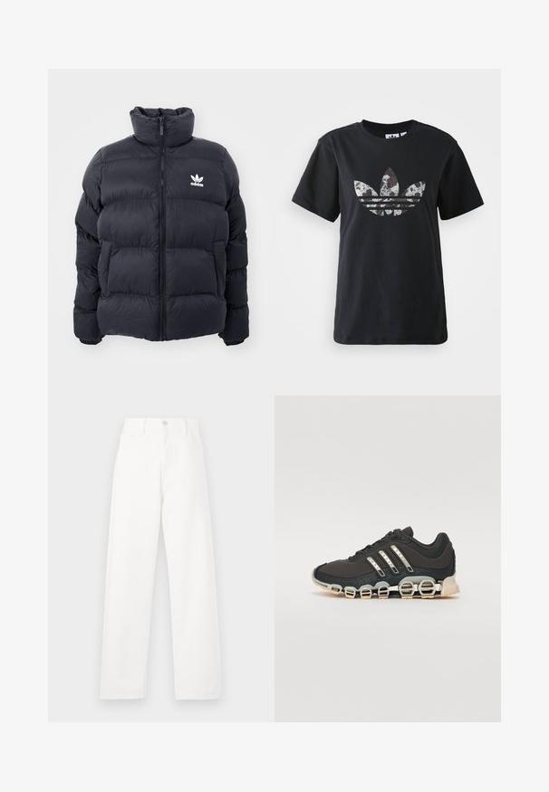Marineblå pufferjakke med høy krage, glidelås og hvit Adidas-logo på brystet. Har sømmerte paneler og en glatt, blank tekstur.; Svart bomull t-skjorte med korte ermer som har et stort sølv- og brunt grafikk av Adidas-logoen og de tre stripene på forsiden.; Hvit denimbukse med høy midje, rett ben-design, synlige sømmer, fem-lommestil og metallknapp-lukking.; Svarte sportsko med en strukturert overflate, tre sølvstriper, og en distinkt støtdempende såle med flere integrerte seksjoner.