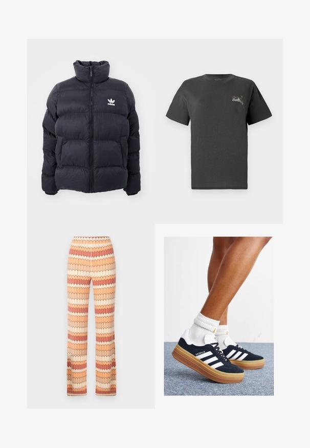 Marineblå pufferjakke med høy krage, glidelås og hvit Adidas-logo på brystet. Har sømmerte paneler og en glatt, blank tekstur.; Grå bomull T-skjorte med korte ermer. Har et lite flerfarget brodert design på brystet med teksten "Billing." Klassisk passform.; Bredde-bukser med et teksturert, sikksakk-mønster i oransje, beige og kremfarger. Elastisk midjebånd for komfort og passform.; Svarte sneakers i semsket skinn med hvite striper og detaljer, rund tå, yttersåle i gummigummi, kombinert med hvite ribbestrikkede crew-sokker.