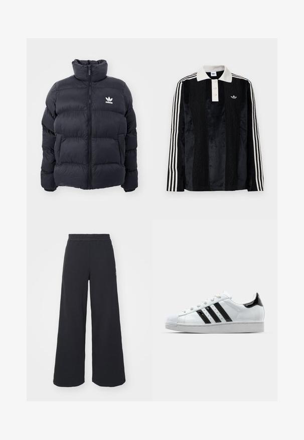 Mornarska puhovka z visokim ovratnikom, zadrgo in belim logotipom Adidas na prsih. Ima šivane panele in gladko, sijočo teksturo.; Črna žametna polo majica z dolgimi rokavi z belim rebrastim ovratnikom, tremi gumbi, teksturirano sprednjo stranjo in tremi belimi črtami na vsakem rokavu.; Črne široke trenirke iz mehkega blaga, z elastičnim pasom in majhnim logotipom na levi strani.; Bela superga z črnimi lakastimi akcenti, tremi črnimi črtami in gumijastim zaščitnim vrhom. Ima bele vezalke in gladek zgornji del.