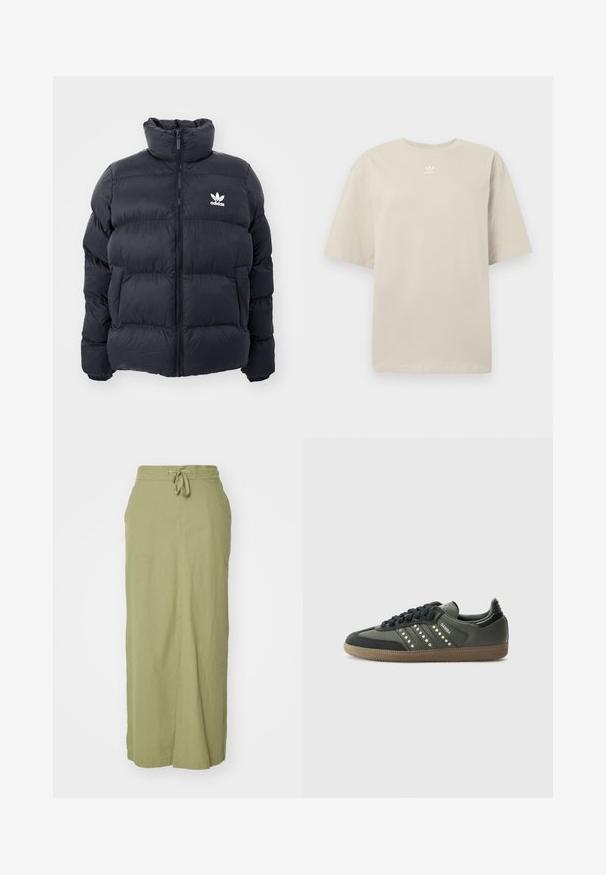 Marineblå pufferjakke med høy krage, glidelås og hvit Adidas-logo på brystet. Har sømmerte paneler og en glatt, blank tekstur.; Beige kortermet T-skjorte laget av bomull, med rund hals og liten hvit Adidas-logo trykt på brystet. Myk tekstur, ledig passform.; Olivenfarget lin maxi skjørt med snøring i midjen, rett silhuett, sidelommer og en glatt tekstur.; adidas Originals SAMBA OG - Joggesko - core black/legend earth/gum