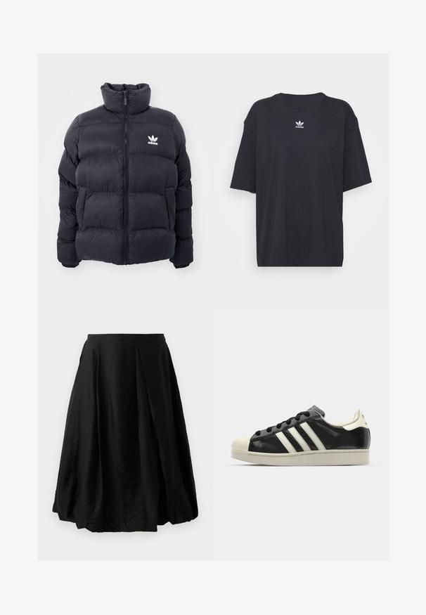 Mornarska puffer jakna s visokim ovratnikom, zatvaranjem na zip i bijelim Adidas logotipom na prsima. Ima šivane panele i glatku, sjajnu teksturu.; Crna pamučna majica kratkih rukava, okruglog izreza, s bijelim Adidas logom na prsima. Jednostavan dizajn, opušteni kroj.; Crna plisirana suknja od lagane, teksturirane tkanine. A-linijski oblik s duljinom do sredine lista i bočnim zatvaračem. Nema vidljivih uzoraka.; Crni kožni tenisice s bijelim prugama, gumeni zaštitni vrh, crne vezice i bijela potplata boje krem. Glatka tekstura s sjajnim završetkom.