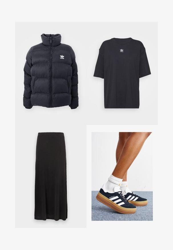 Doudoune marine avec col haut, fermeture éclair et logo Adidas blanc sur la poitrine. Présente des panneaux cousus et une texture lisse et brillante.; T-shirt en coton noir à manches courtes, col rond, avec un logo Adidas blanc sur la poitrine. Design simple, coupe décontractée.; Jupe maxi noire en tissu doux, présentant une silhouette droite avec une fente sur le côté, une texture lisse et une taille élastique.; Baskets en daim noir avec des rayures et des accents blancs, bout arrondi, semelle extérieure en caoutchouc gomme, associées à des chaussettes blanches côtelées mi-mollet.