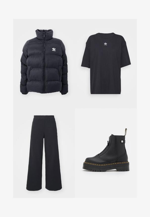 Granatowa kurtka puchowa z wysokim kołnierzem, z zamkiem błyskawicznym i białym logo Adidas na piersi. Posiada przeszywane panele oraz gładką, błyszczącą teksturę.; Czarna bawełniana koszulka z krótkim rękawem, okrągłym dekoltem, z białym logo Adidas na klatce piersiowej. Prosty design, luźny krój.; Czarne szerokie spodnie dresowe wykonane z miękkiego materiału, z elastycznym paskiem w talii oraz małym logo po lewej stronie.; Czarne botki za kostkę wykonane z gładkiej skóry, z bocznym zamkiem błyskawicznym, żółtym przeszyciem oraz grubą, żebrowaną gumową podeszwą.