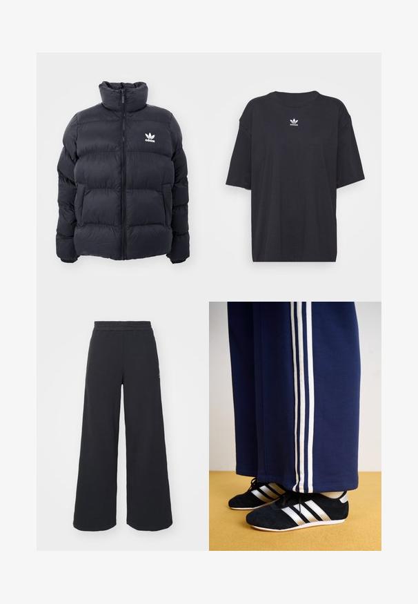 Casaco puffer azul marinho com gola alta, fecho de zip e logotipo branco da Adidas no peito. Apresenta painéis cosidos e uma textura suave e brilhante.; T-shirt de algodão preto com mangas curtas, decote arredondado, apresenta um logótipo branco da Adidas no peito. Design simples, ajuste descontraído.; Calças de fato largas, pretas, feitas de tecido macio, com uma cintura elástica e um pequeno logótipo do lado esquerdo.; Sudas de treino azul-marinho com três riscas verticais brancas e sapatos de desporto pretos com riscas prateadas e uma superfície texturizada. Chão amarelo.