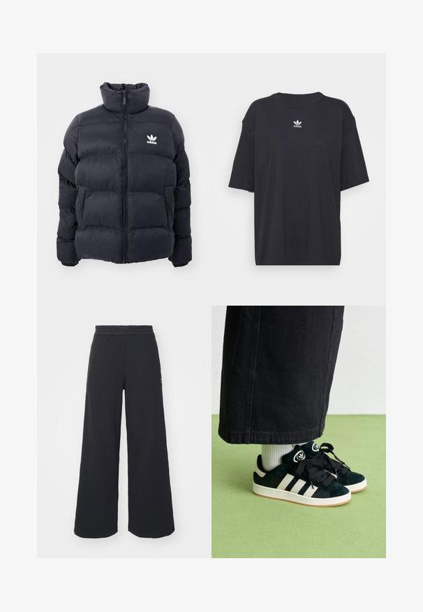 Tengerész kék puffertöltött dzseki magas gallérral, cipzáros záródással és fehér Adidas logóval a mellkasán. Jellemzője a tűzött panelek és a sima, fényes textúra.; Fekete pamut póló rövid ujjakkal, kerek nyakkivágással, mellkason fehér Adidas logóval. Egyszerű dizájn, laza fazon.; Fekete, bő szárú melegítőnadrág, puha anyagból készült, rugalmas derékkal és egy kis logóval a bal oldalon.; Zöld velúr sportcipők három fehér csíkkal, fekete fűzővel és gumitalppal. Fehér zoknikkal és fekete bő helyzetű nadrággal viselve.