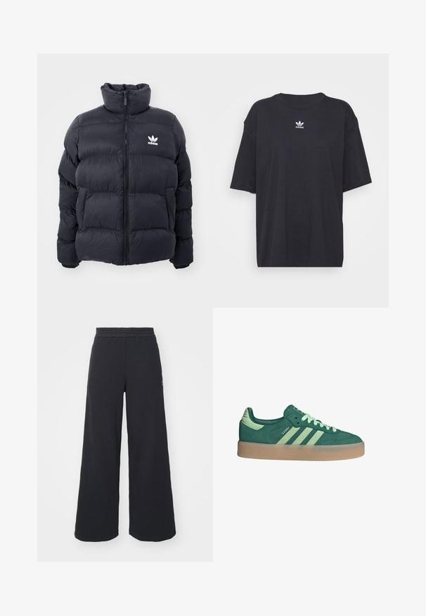 Navy puffer jacket with high collar, zip closure, and white Adidas logo on the chest. Features stitched panels and a smooth, shiny texture.; Black cotton t-shirt with short sleeves, round neckline, features a white Adidas logo on the chest. Simple design, relaxed fit.; Black wide-leg sweatpants made from soft fabric, featuring an elastic waistband and a small logo on the left side.; Green suede sneaker with mint accents, three white stripes, and a textured gum sole. Smooth finish on tongue and heel detailing.
