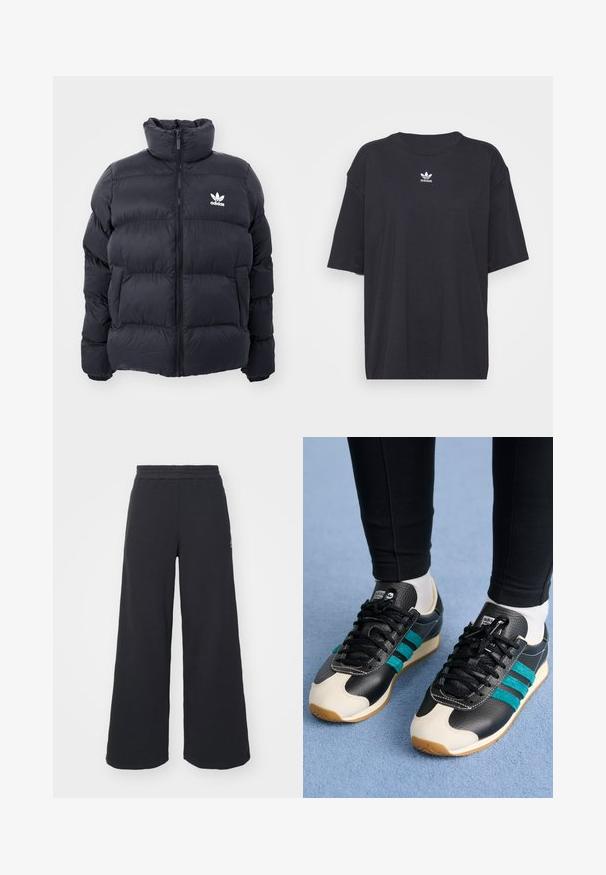 Námořnická puffer bunda s vysokým límcem, zipovým zapínáním a bílým logem Adidas na hrudi. Obsahuje prošité panely a hladký, lesklý povrch.; Černé bavlněné tričko s krátkými rukávy a kulatým výstřihem, na hrudi má bílé logo Adidas. Jednoduchý design, uvolněný střih.; Černé široké tepláky vyrobené z měkké tkaniny, s elastickým pasem a malým logem na levé straně.; adidas Originals COUNTRY OG - Tenisky - core black/legacy teal/silver metallic