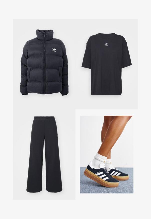 Mornarska puffer jakna s visokim ovratnikom, zatvaranjem na zip i bijelim Adidas logotipom na prsima. Ima šivane panele i glatku, sjajnu teksturu.; Crna pamučna majica kratkih rukava, okruglog izreza, s bijelim Adidas logom na prsima. Jednostavan dizajn, opušteni kroj.; Crne široke sweatpants hlače napravljene od mekog materijala, s elastičnim strukom i malim logotipom s lijeve strane.; Crne tenisice od brušene kože s bijelim prugama i detaljima, okruglim vrhom, gumeni potplat boje gume, uparene s bijelim rebrastim čarapama.