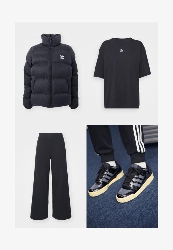 Tengerész kék puffertöltött dzseki magas gallérral, cipzáros záródással és fehér Adidas logóval a mellkasán. Jellemzője a tűzött panelek és a sima, fényes textúra.; Fekete pamut póló rövid ujjakkal, kerek nyakkivágással, mellkason fehér Adidas logóval. Egyszerű dizájn, laza fazon.; Fekete, bő szárú melegítőnadrág, puha anyagból készült, rugalmas derékkal és egy kis logóval a bal oldalon.; Fekete patentbőr tornacipők három csíkkal, gumitalppal és krémszínű talppal. Laposszíjas kialakításúak, sima, fényes felülettel.