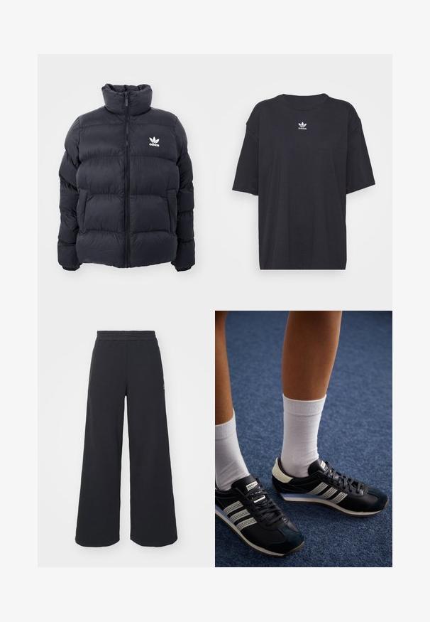 Tumesine puffer jope kõrge kraega, lukuga ja valge Adidas'i logoga rinnal. Omab õmmeldud paneele ja siledat, läikivat tekstuuri.; Must must t-särk lühikeste varrukatega, ümmargune kaelus, rinnal valge Adidas logo. Lihtne disain, mugav lõige.; Mustad laiad spordipüksid, mis on valmistatud pehmest kangast, elastse vöökohtaga ja väikese logoga vasakul küljel.; Mustad mustad spordialused, millel on kolm valget riba, sujuva nahk- ja sünteetikkaanega, koos valgete lühikeste sokkidega sinisel vaibal.