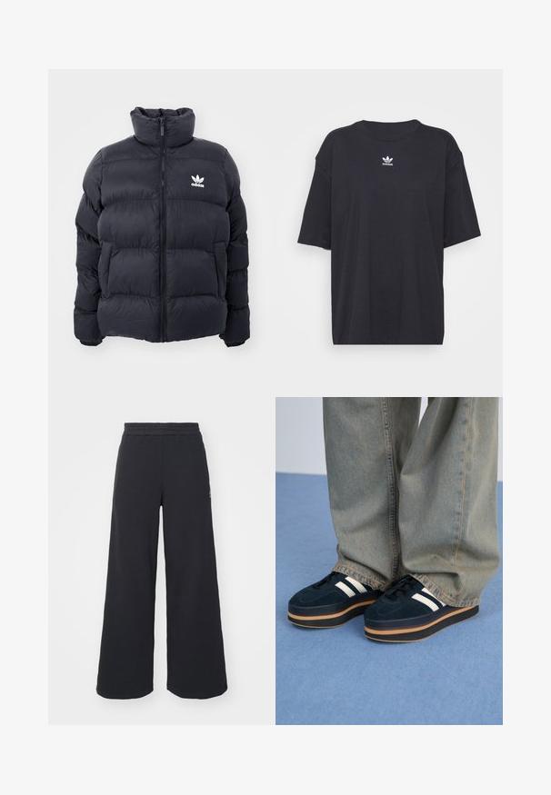 Marineblå pufferjakke med høy krage, glidelås og hvit Adidas-logo på brystet. Har sømmerte paneler og en glatt, blank tekstur.; Svart bomull T-skjorte med korte ermer, rund halslinje, med en hvit Adidas-logo på brystet. Enkel design, avslappet passform.; Svart bukse med vid benvidde laget av myk stoff, med elastisk midjebånd og en liten logo på venstre side.; Mørkeblå suedestøvler med platåsål, hvite striper og svarte snørebånd. Har en tykk brun gummisåle. Brukt med lyseblå denimbukser.