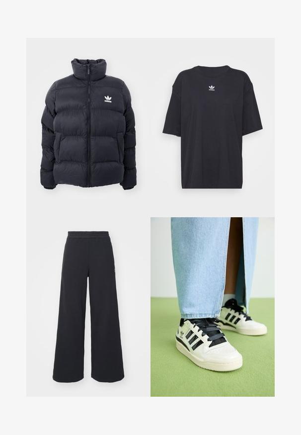 Marineblå pufferjakke med høy krage, glidelås og hvit Adidas-logo på brystet. Har sømmerte paneler og en glatt, blank tekstur.; Svart bomull T-skjorte med korte ermer, rund halslinje, med en hvit Adidas-logo på brystet. Enkel design, avslappet passform.; Svart bukse med vid benvidde laget av myk stoff, med elastisk midjebånd og en liten logo på venstre side.; Hvite lær sneakers med svarte detaljer og lisser. Har tre svarte striper, en perforert tå og en teksturert gummisåle.