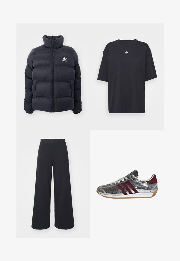 Jūrinės spalvos pūkinė striukė su aukštu apykakle, užtrauktuku ir baltu Adidas logotipu ant krūtinės. Yra siūti šoniniai panelei ir lygus, blizgus paviršius.; Juodas medvilnės marškinėliai trumpomis rankovėmis, apvaliu iškirpimu, su baltu Adidas logo ant krūtinės. Paprastas dizainas, laisvas kirpimas.; Juoda plačių kojų sportinė kelnė, pagaminta iš minkštos medžiagos, su elastinga juosmens juosta ir mažu logotipu kairėje pusėje.; Sidabriniai odiniai sportbačiai turi įtrūkusių paviršių, bordo akcentus, tris šonus juosiančias įstrižaines ir guminį padas, su metaliniais raišteliais.