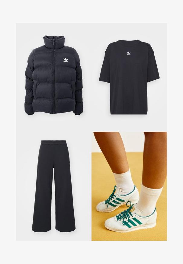 Casaco puffer azul marinho com gola alta, fecho de zip e logotipo branco da Adidas no peito. Apresenta painéis cosidos e uma textura suave e brilhante.; T-shirt de algodão preto com mangas curtas, decote arredondado, apresenta um logótipo branco da Adidas no peito. Design simples, ajuste descontraído.; Calças de fato largas, pretas, feitas de tecido macio, com uma cintura elástica e um pequeno logótipo do lado esquerdo.; Sapatilhas brancas com riscas e atacadores verdes, apresentando uma biqueira texturizada e um colarinho almofadado, acompanhadas de meias brancas até ao tornozelo sobre uma superfície amarela.