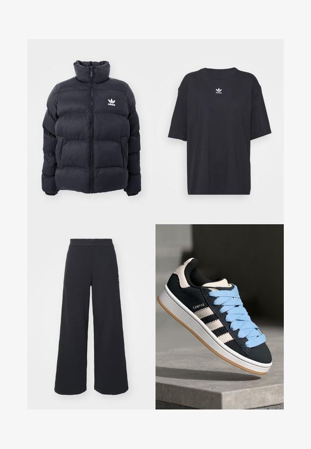 Tumesine puffer jope kõrge kraega, lukuga ja valge Adidas'i logoga rinnal. Omab õmmeldud paneele ja siledat, läikivat tekstuuri.; Must must t-särk lühikeste varrukatega, ümmargune kaelus, rinnal valge Adidas logo. Lihtne disain, mugav lõige.; Mustad laiad spordipüksid, mis on valmistatud pehmest kangast, elastse vöökohtaga ja väikese logoga vasakul küljel.; Mustad mustad sneaker, mille hall sinised paelad, kolm valget triipu külgedel ja kummitald. "CAMPUS" logo kanna lähedal.