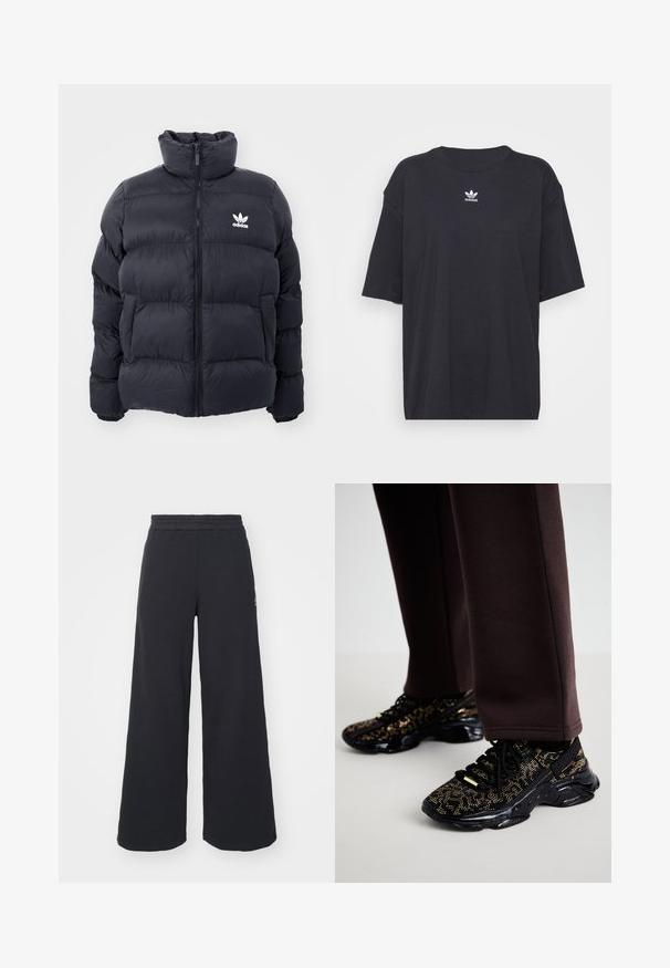 Giacca puffer blu navy con colletto alto, chiusura con zip e logo Adidas bianco sul petto. Presenta pannelli cuciti e una texture liscia e lucida.; T-shirt in cotone nero con maniche corte, scollatura rotonda, presenta un logo bianco Adidas sul petto. Design semplice, vestibilità rilassata.; Pantaloni felpati neri a gamba larga realizzati in tessuto morbido, con un elastico in vita e un piccolo logo sul lato sinistro.; Sneakers neri con macchie dorate, superficie testurizzata e suola nera chunky. Abbinati a pantaloni sportivi marroni, che mostrano un design aderente.