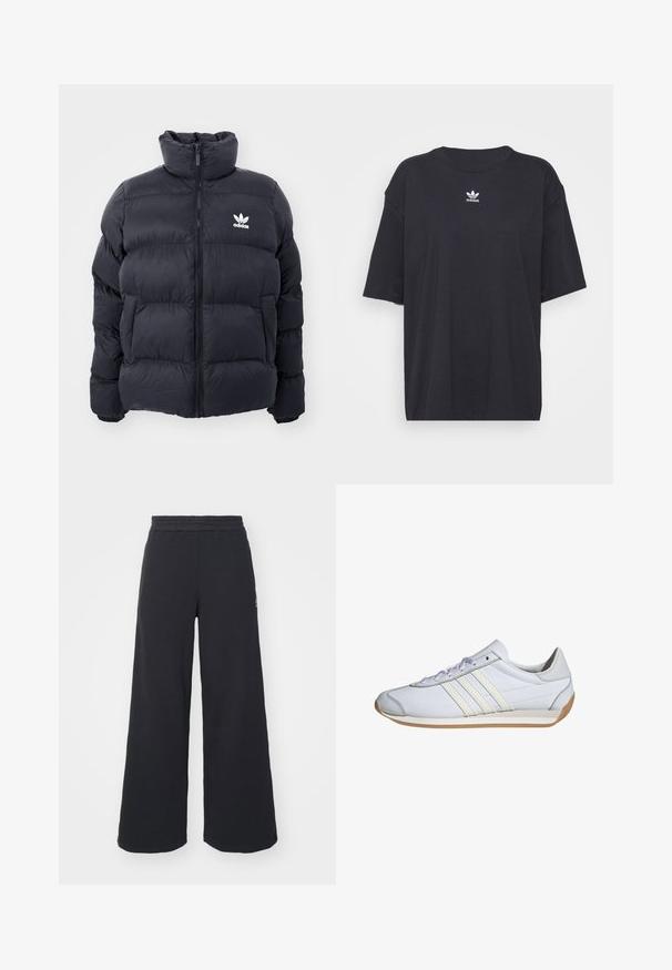 Tengerész kék puffertöltött dzseki magas gallérral, cipzáros záródással és fehér Adidas logóval a mellkasán. Jellemzője a tűzött panelek és a sima, fényes textúra.; Fekete pamut póló rövid ujjakkal, kerek nyakkivágással, mellkason fehér Adidas logóval. Egyszerű dizájn, laza fazon.; Fekete, bő szárú melegítőnadrág, puha anyagból készült, rugalmas derékkal és egy kis logóval a bal oldalon.; Fehér sportcipők szürke díszítésekkel, sima bőr anyagból, lapos gumitalp, és három párhuzamos csíkkal az oldalukon.