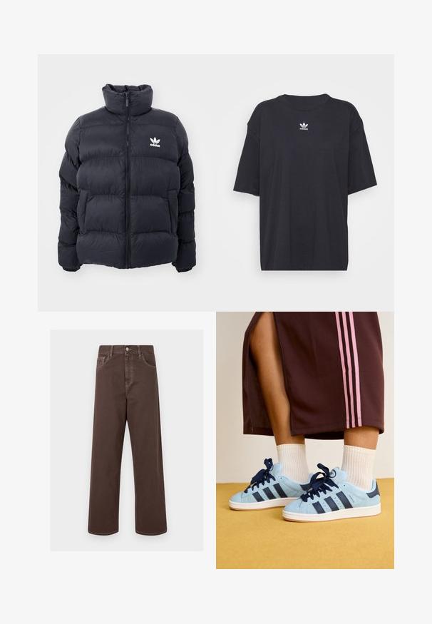 Casaco puffer azul marinho com gola alta, fecho de zip e logotipo branco da Adidas no peito. Apresenta painéis cosidos e uma textura suave e brilhante.; T-shirt de algodão preto com mangas curtas, decote arredondado, apresenta um logótipo branco da Adidas no peito. Design simples, ajuste descontraído.; Calças de denim largas de cor castanha com costura em contraste, cinco bolsos e fecho de botão metálico. Tecido suave, corte reto.; Ténis de camurça azul claro com detalhes em azul marinho e três riscas escuras. Sola de borracha branca e atacadores azul escuro. Usados com meias brancas.