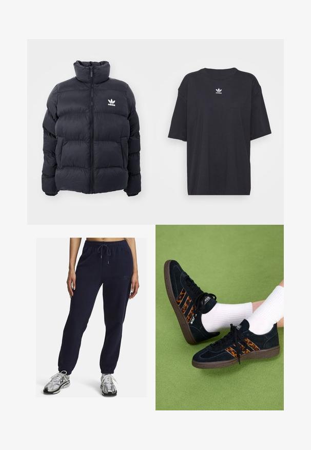 Marineblaues Puffer-Jackett mit hohem Kragen, Reißverschluss und weißem Adidas-Logo auf der Brust. Verfügt über gestickte Paneele und eine glatte, glänzende Textur.; Schwarzes Baumwoll-T-Shirt mit kurzen Ärmeln, rundem Halsausschnitt, mit einem weißen Adidas-Logo auf der Brust. Einfaches Design, lockere Passform.; Marineblaue Fleece-Jogginghosen mit elastischem Bund, Kordelzug und Bündchen an den Knöcheln. Mit dezentem gesticktem Logo an der Seite.; Schwarze Wildleder-Sneaker mit Leopardenmuster-Drei-Streifen und braunen Gummisohlen. Getragen mit weißen gerippten Socken auf einer grünen Oberfläche.