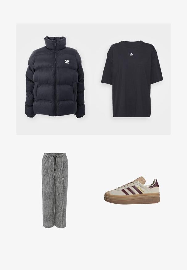 Marineblauwe pufferjack met hoge kraag, ritssluiting en wit Adidas-logo op de borst. Beschikt over gestikte panelen en een gladde, glanzende textuur.; Zwarte katoenen T-shirt met korte mouwen, ronde halslijn, voorzien van een wit Adidas-logo op de borst. Eenvoudig ontwerp, comfortabele pasvorm.; OPUS MAHOLA DESERT - Broek - emerald; Beige suède sneakers met bordeauxrode strepen, witte accenten, een chunky doorschijnende zool en verhoogde branding aan de zijkant. Vetersluiting.