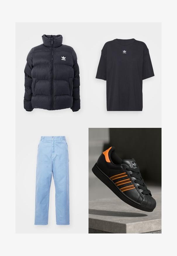 Doudoune marine avec col haut, fermeture éclair et logo Adidas blanc sur la poitrine. Présente des panneaux cousus et une texture lisse et brillante.; T-shirt en coton noir à manches courtes, col rond, avec un logo Adidas blanc sur la poitrine. Design simple, coupe décontractée.; Pantalons en denim bleu clair avec une coupe droite, fermeture à bouton et poches avant. Le tissu a une texture subtile avec une finition lisse.; Baskets noires avec des accents orange, trois bandes horizontales, tige en cuir texturé, protection en caoutchouc à l'avant et lacets noirs.