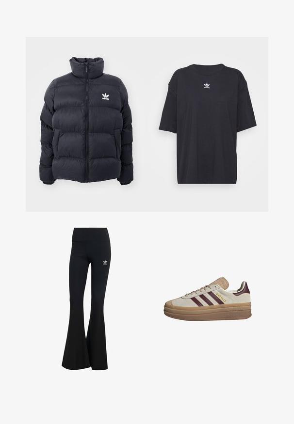 Jūras zils pūkains jaka ar augstu apkakli, rāvējslēdzēja aizdari un balto Adidas logo uz krūtīm. Iekļauj izšūtas paneļus un gludu, spīdīgu tekstūru.; Melna kokvilnas t-kreklā ar īsām piedurknēm un apaļu kakla izgriezumu, uz krūtīm ir balta Adidas logo. Vienkāršs dizains, brīvs piegriezums.; Melnas ribinātas flared legingas ar plašu jostu, kurām augšējā kreisajā pusē ir neliela balta Adidas zīme. Mīksta auduma tekstūra.; Beige zamšādas sporta apavi ar bordo svītrām, baltām akcentēm, masīvu caurspīdīgu zoli un paceltu zīmolu sānos. Šņorēšanas dizains.